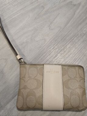 Coach Beige Signature Canvas Wristlet with Cream Center Stripe